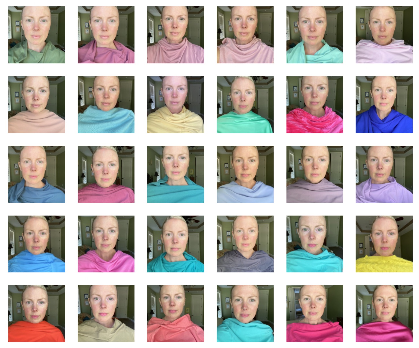 A grid of self-test photos — the same person draped in many different colors to compare