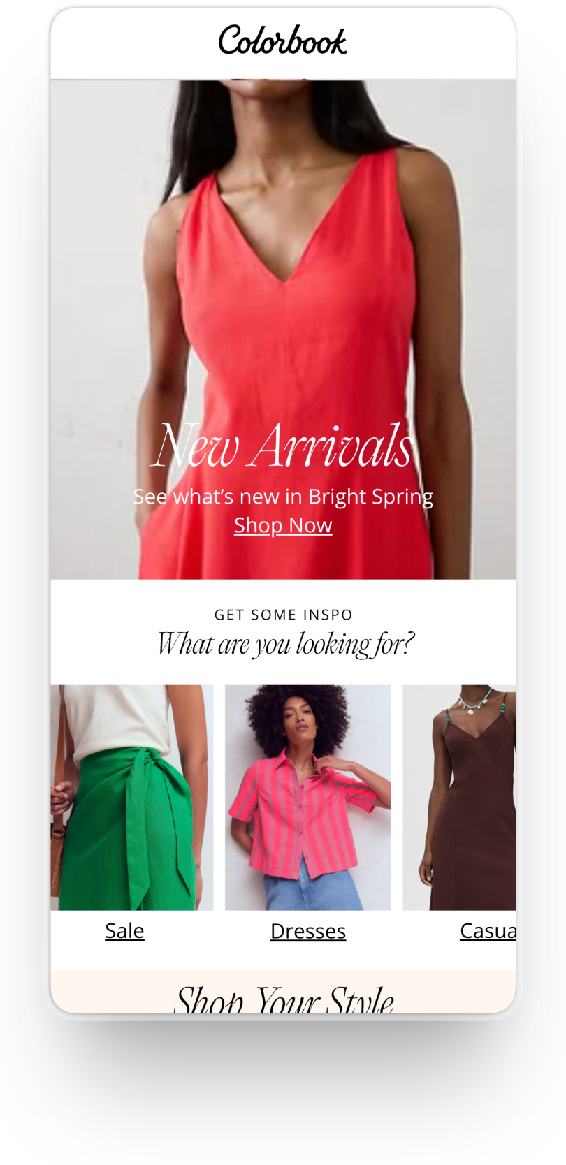 Colorbook app preview — new arrivals filtered to Bright Spring