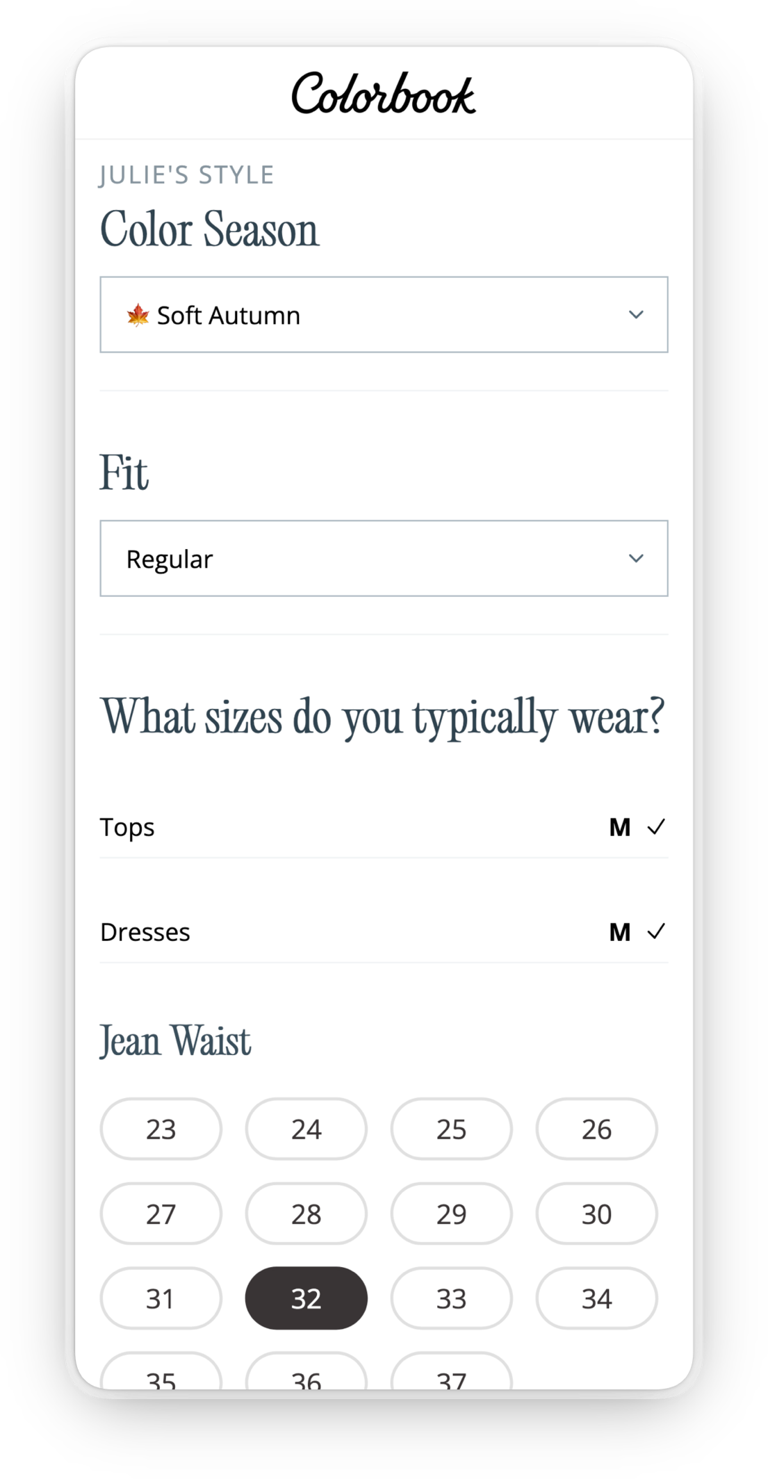 Colorbook style preferences — color season, fit, and sizes