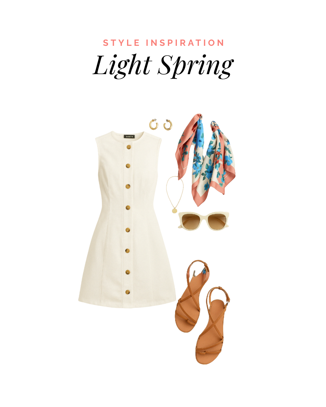 Light Spring outfit — ivory dress with peach scarf accent