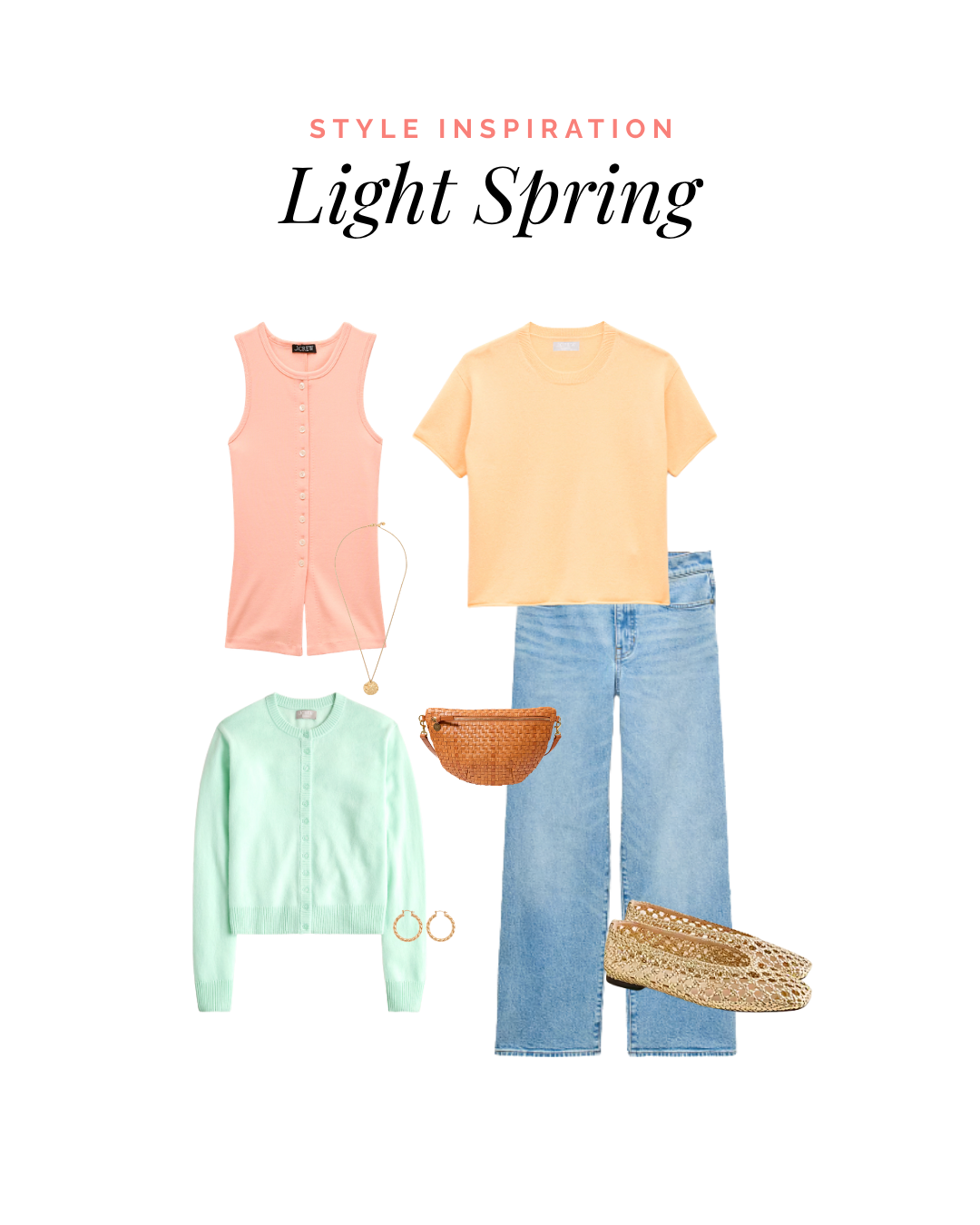 Light Spring outfit — peach tank, apricot tee, light denim