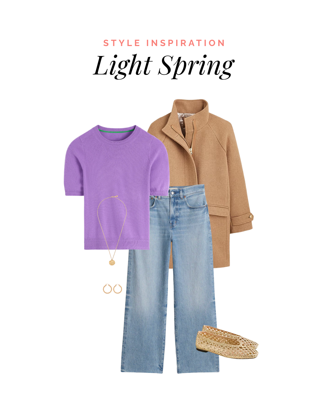Light Spring outfit — lavender sweater, camel jacket, denim