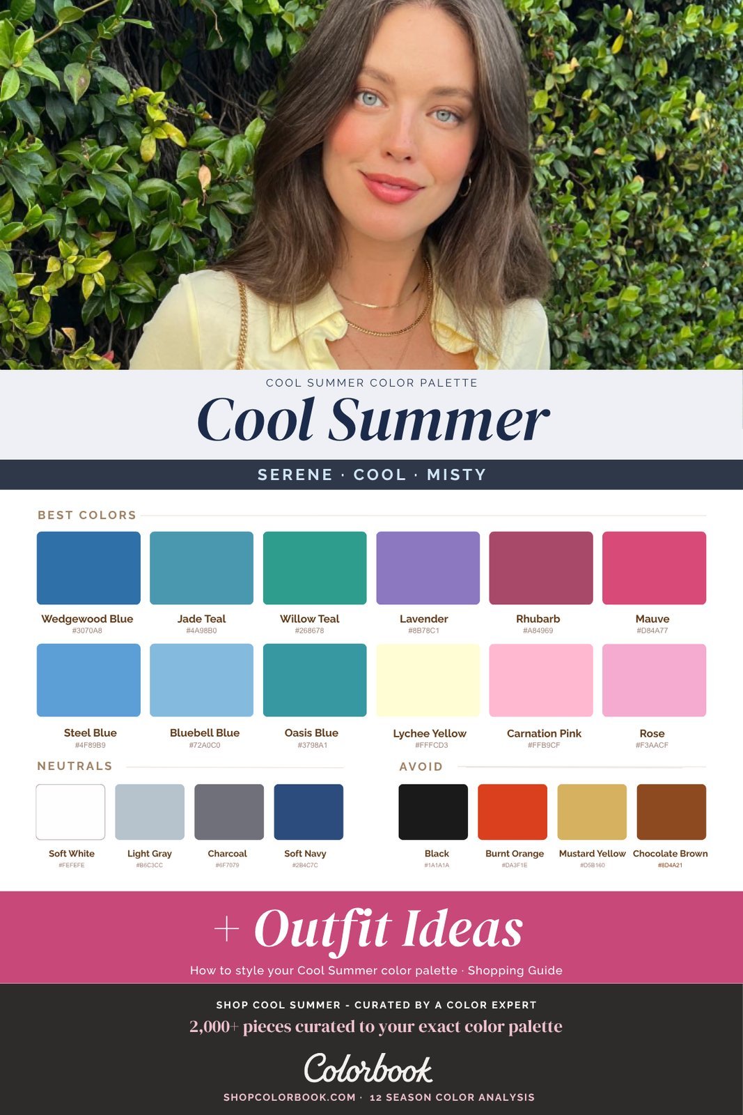 Cool Summer color palette: cool blues, raspberry, plum, and silvered greys