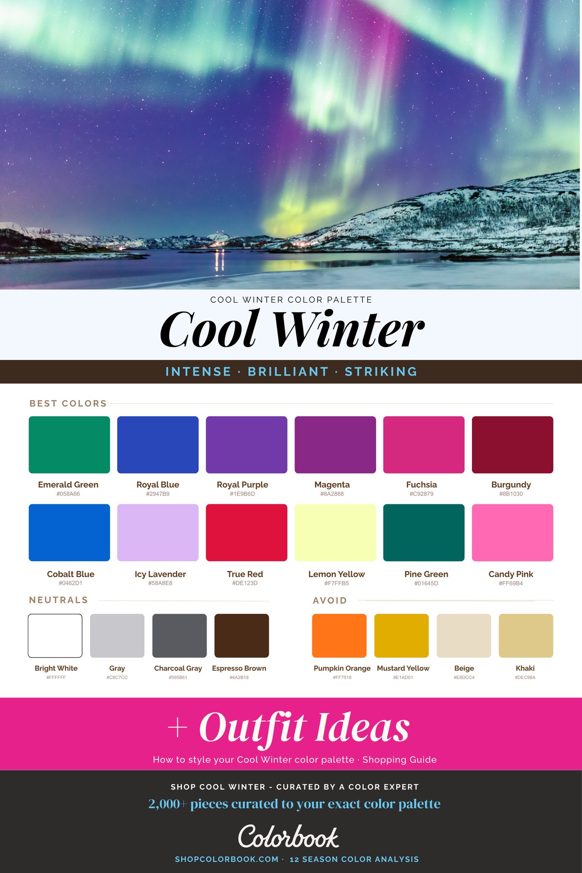 Cool Winter color palette: true cool blues, fuchsia, emerald, and crisp white
