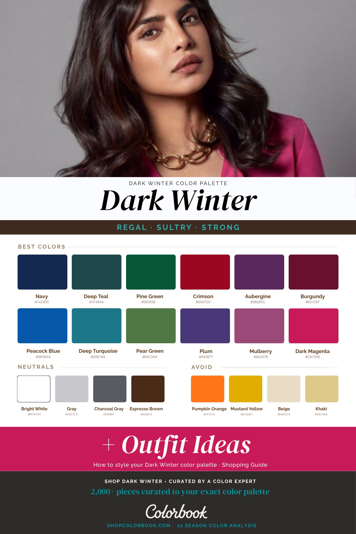 Dark Winter color palette: black, deep berry, pine, navy, and icy white