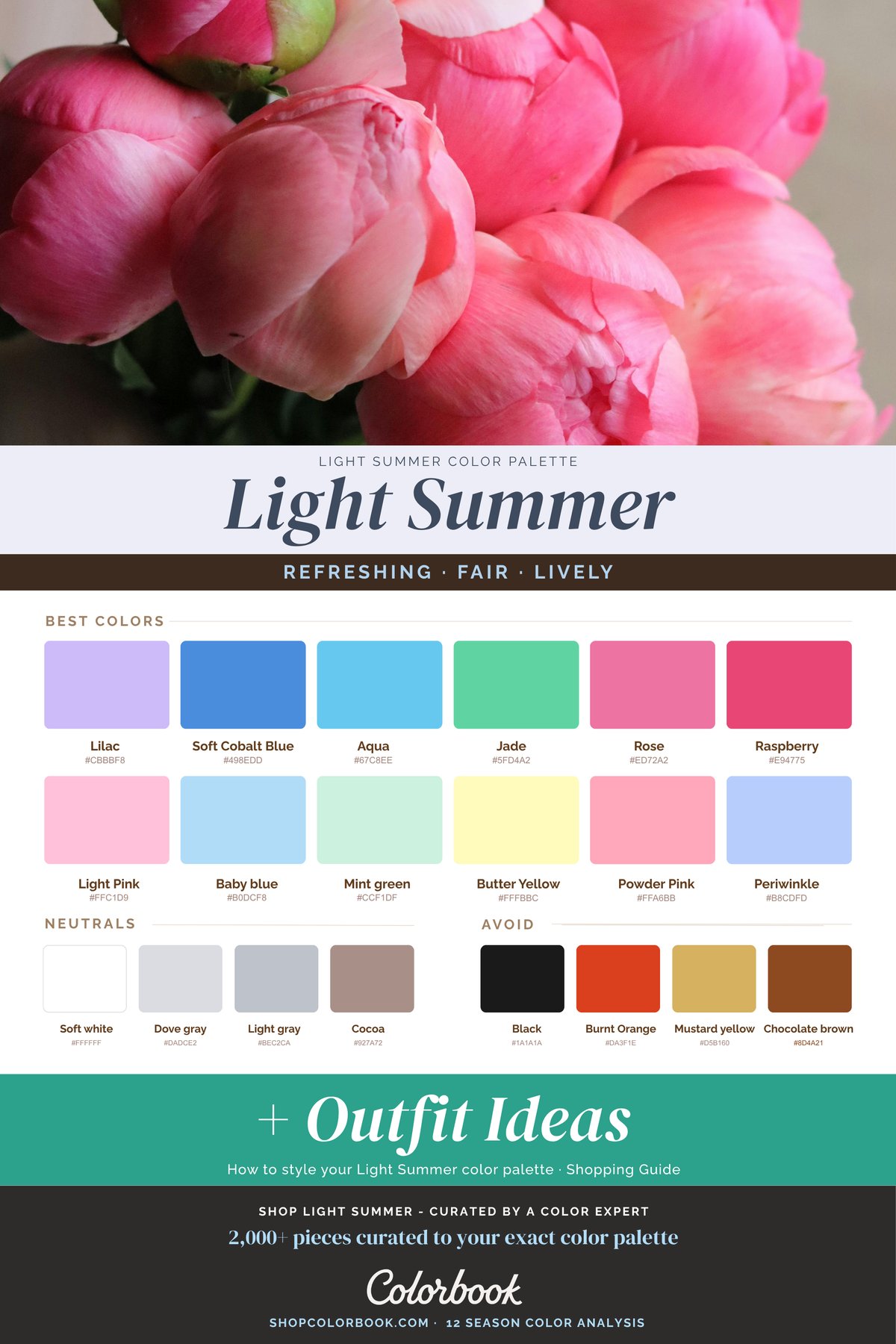 Light Summer color palette: powder blue, rose, lavender, and soft cool neutrals