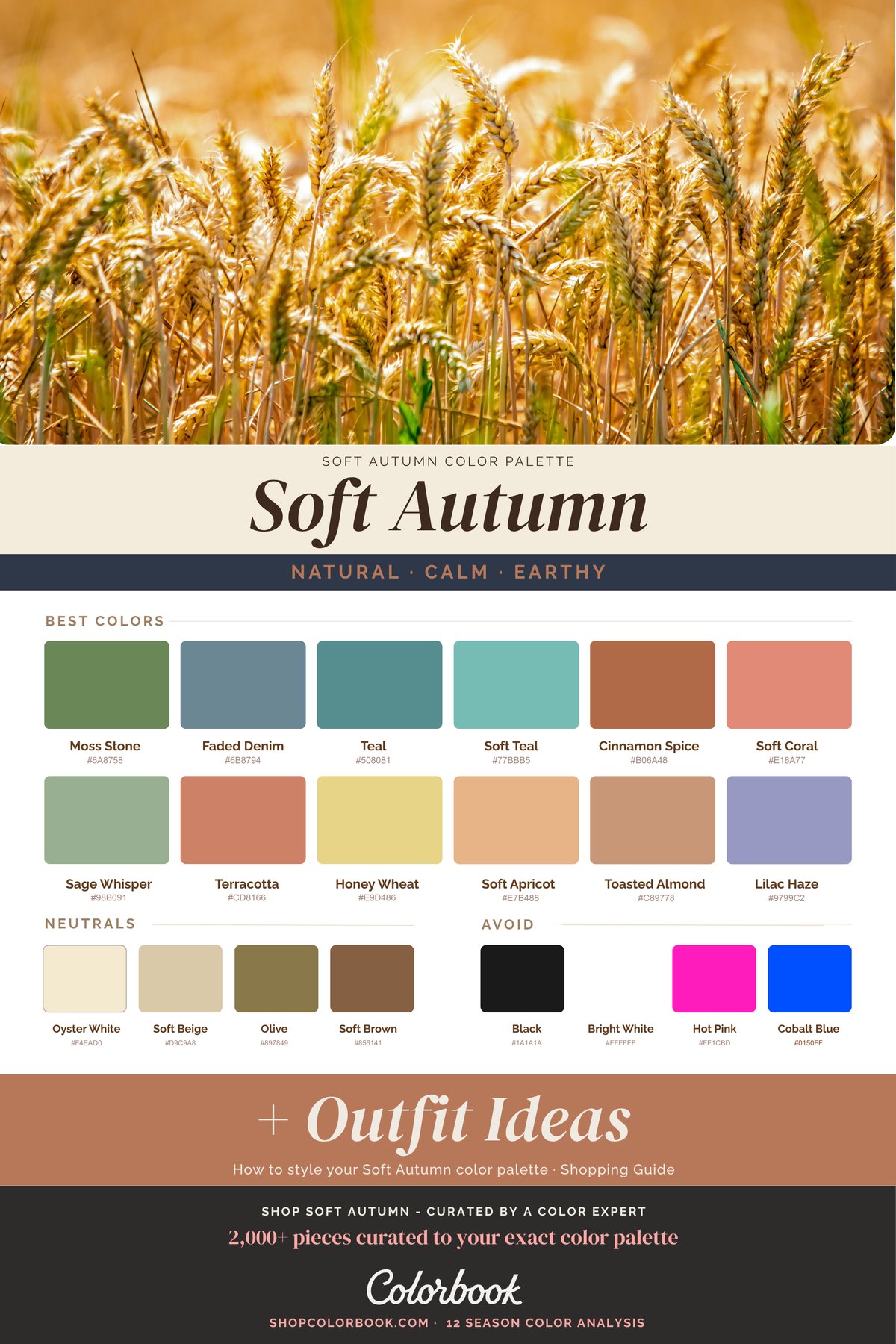 Soft Autumn color palette: muted olive, warm taupe, soft gold, and dusty terracotta