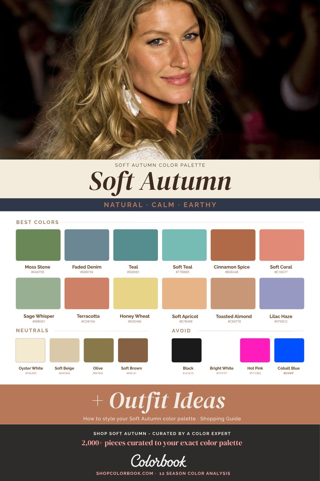 Soft Autumn color palette: muted olive, warm taupe, soft gold, and dusty terracotta