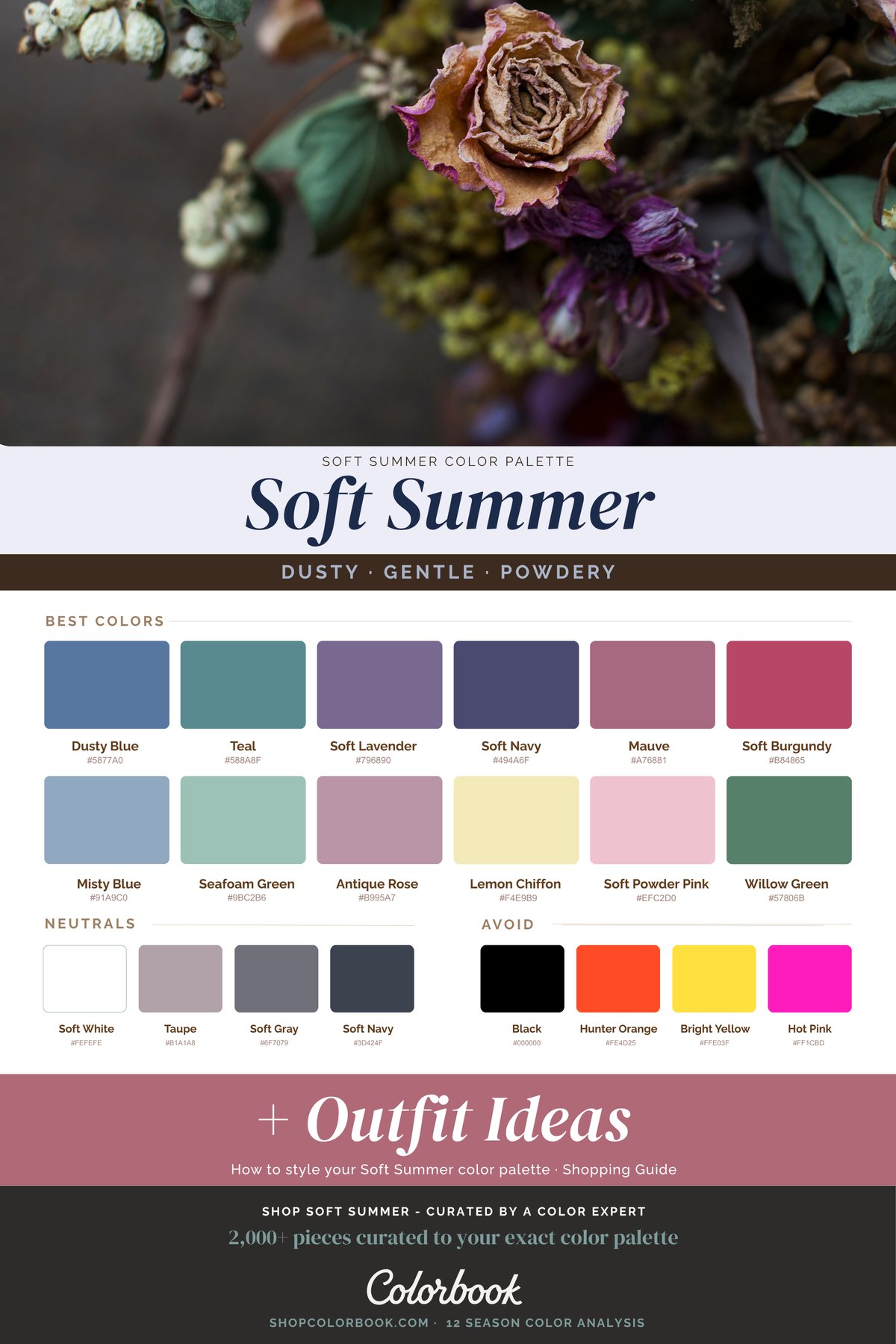 Soft Summer color palette: muted teal, dusty rose, mushroom, and soft slate