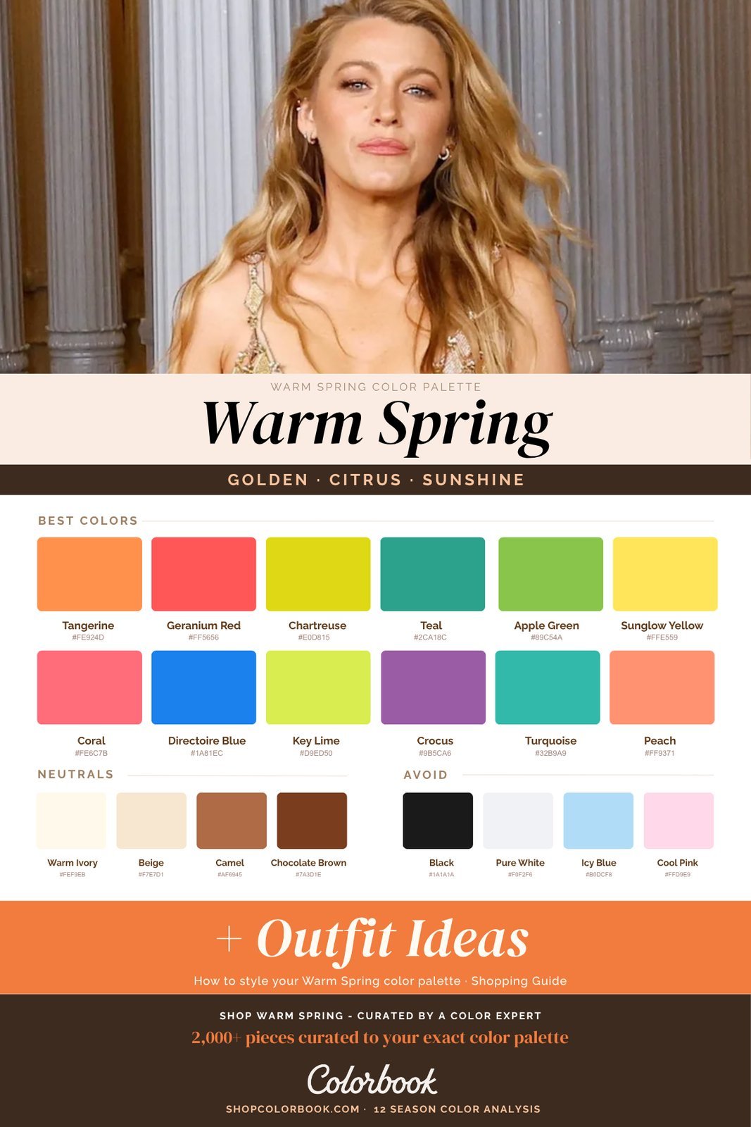 Warm Spring color palette: golden yellows, warm coral, leafy green